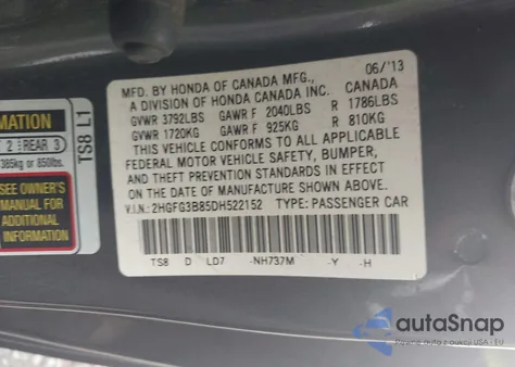 2013 Honda Civic Ex z USA, uszkodzony, nr VIN 2HGFG3B85DH522152